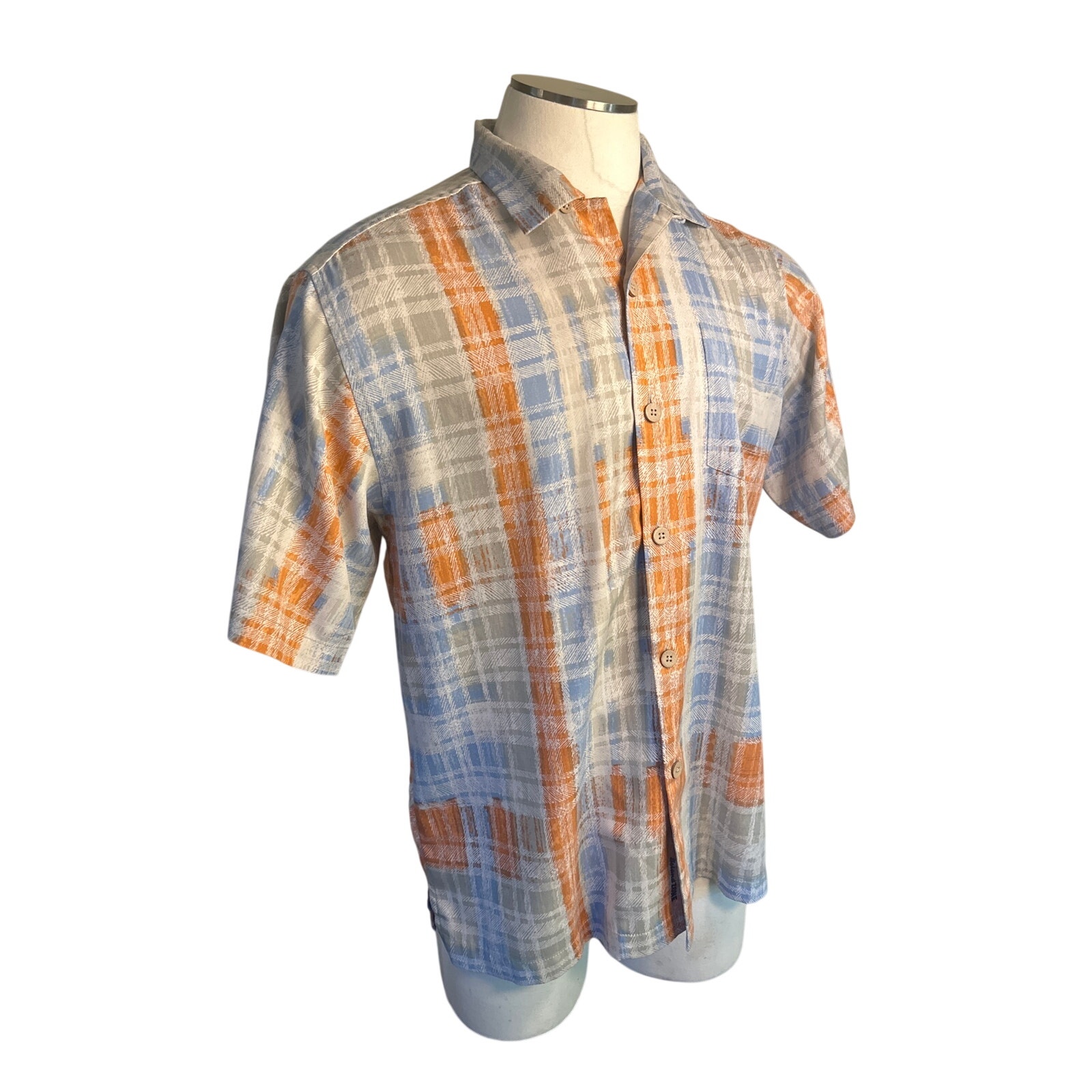 Men M Tommy Bahama Silk Plaid Print Short Sleeve Button Shirt Top Resort Travel
